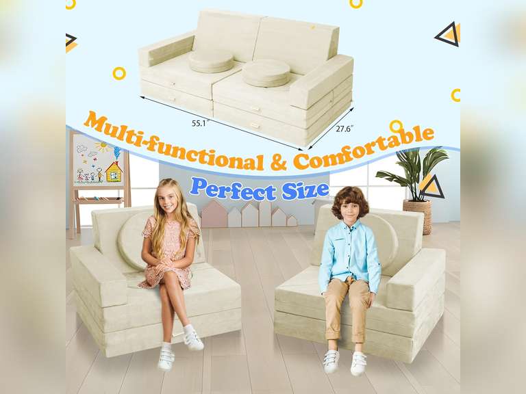 16Pcs Modular Kids Play Couch,Kid Furniture Foam Sofa for Playroom,Kids Couch Building Fort, Convertible Foam Sofa Cushion for Boys and Girls (Beige) 120