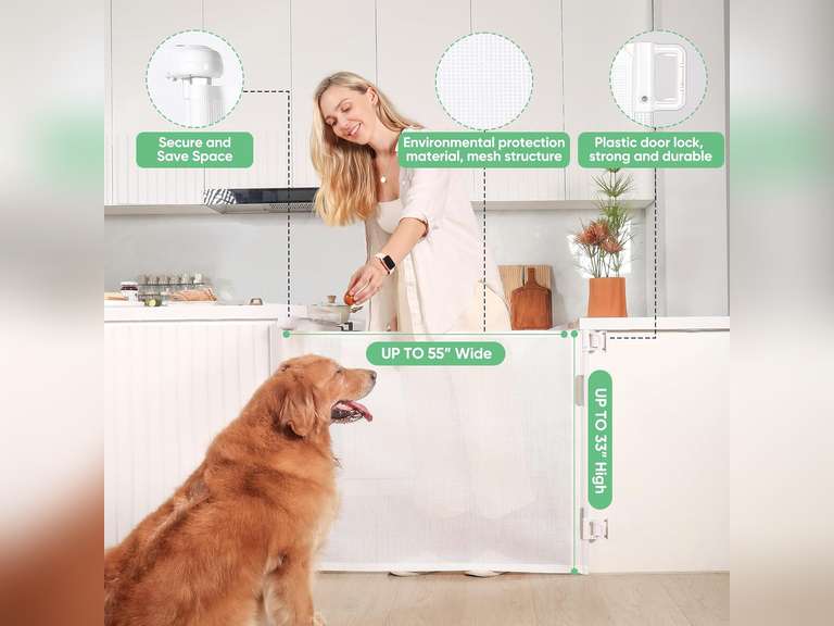 (Similar model)Likzest Retractable Baby Gate, Mesh and Pet Gate 33/' Tall, Extends up to 55/' Wide, Child Safety Gates for Stairs Doorways Hallways, Dog Cat Indoor Outdoor (White), 6*18, SH20.006DC 37