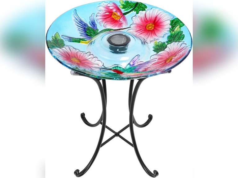 MUMTOP Outdoor Bird Bath, Large Glass Bird Baths Bowl with Metal Stand, Solar Hummingbirds Birdbaths for Outside Garden Lawn Yard Decor, 18 Dia 21.65 Height 60