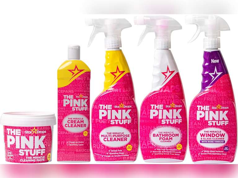 Stardrops - The Pink Stuff - The Miracle Cleaning Paste, Multi-Purpose Spray, Bathroom Foam Spray, Window & Glass Cleaner, and Cream Cleaner Bundle 29