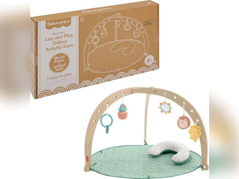Fisher-Price Wood Baby Playmat Lay & Play Deluxe Activity Gym with Wooden Frame & Tummy Time Sensory Toys for Newborns 0+ Months (packing damage) 90