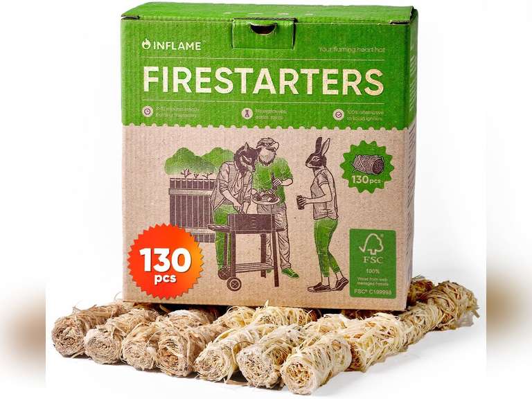 Inflame Fire Starters 130 pcs Fire Starters for Campfires, Grill, BBQ, Fireplace, Woodstove - Charcoal Starter - Waterproof, Weather-Resistant - Natural Wood Fireplace Starters 30