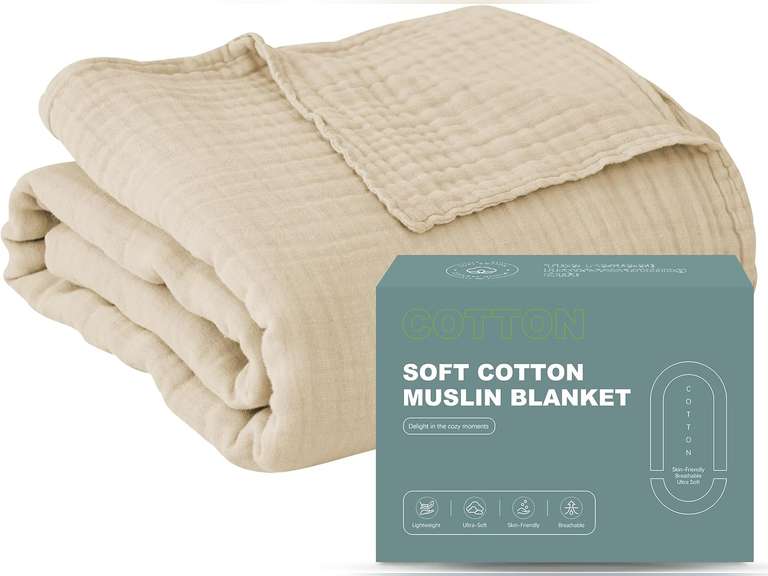 Cosy Family 4 Layer Muslin Bed Blanket - Breathable and Lightweight Gauze Boho Blanket for Spring, Soft 100% Cotton Muslin Blanket, Light Tan, 55x80 Inches 19
