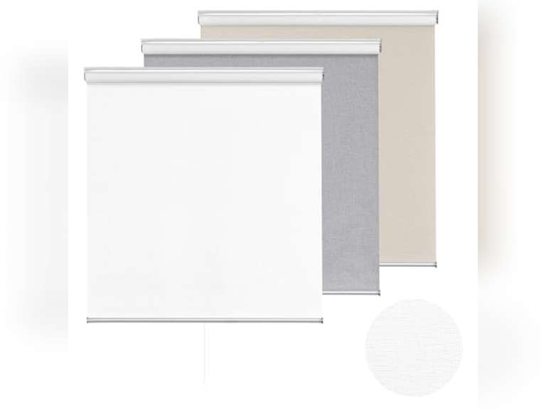 ChrisDowa Cordless 100% Blackout Roller Shade, with Striped Jacquard, Thermal Insulated, UV Protection Fabric, Total Blackout Blinds for Window, French Doors, Home and Office. White, 44" W x 72" H 66
