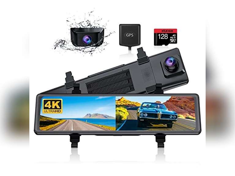 NexiGo D90 True 4K Mirror Dash Cam with Dual Sony_Sensors, 12 Inch IPS Full Touch Split Screen, Super Night Vision, G-Sensor & Emergency Recor 250