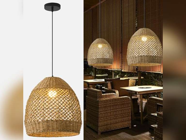 Rattan Pendant Light,13.77" Rustic Hand-Woven Wicker Hanging Light Water Plants Rattan Chandelier for Dining Living Bedroom Kitchen Farmhouse 117