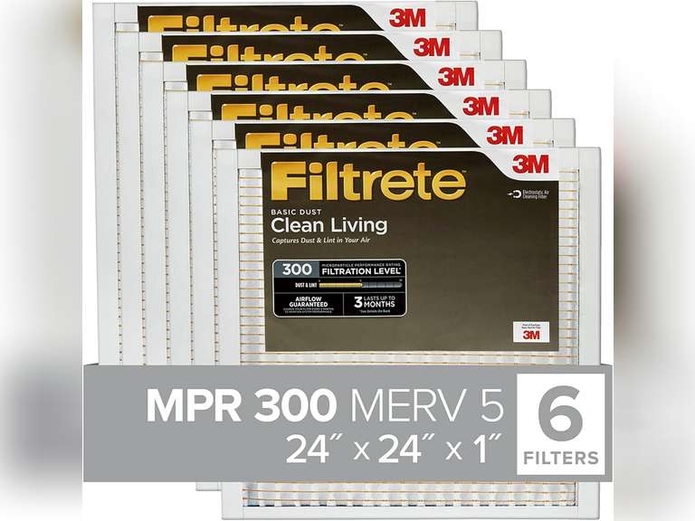 Filtrete 24x24x1 Air Filter, MPR 300, MERV 5, Clean Living Basic Dust 3-Month Pleated 1-Inch Air Filters, 6 Filters 40