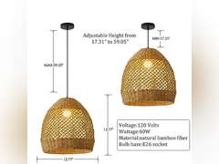 Rattan Pendant Light,13.77" Rustic Hand-Woven Wicker Hanging Light Water Plants Rattan Chandelier for Dining Living Bedroom Kitchen Farmhouse 117