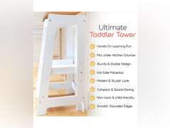 Stepup Baby Toddler Tower Step High Chair | Montessori Inspired | Wooden Step Stool for Preschool Kids | Adjustable for 18 Month - 5 Years | Includes Safety Rail - Natural - White 130