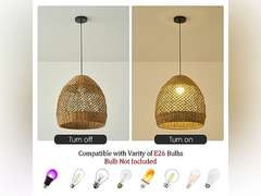 Rattan Pendant Light,13.77" Rustic Hand-Woven Wicker Hanging Light Water Plants Rattan Chandelier for Dining Living Bedroom Kitchen Farmhouse 117