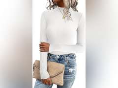 Zeagoo Women's Long Sleeve Stretch Shirts Mock Neck Ribbed T-Shirt Fitted Casual Basic Tops 2024, L 15