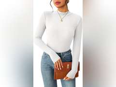 Zeagoo Women's Long Sleeve Stretch Shirts Mock Neck Ribbed T-Shirt Fitted Casual Basic Tops 2024, L 15