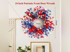 24 Inch Patriotic Wreaths for Front Door, 4th of July Wreath Summer Forsythia Wreath for Memorial Day Independence Day Farmhouse Porch Window Door Decor 50