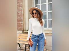 Zeagoo Women's Long Sleeve Stretch Shirts Mock Neck Ribbed T-Shirt Fitted Casual Basic Tops 2024, L 15