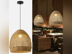 Rattan Pendant Light,13.77" Rustic Hand-Woven Wicker Hanging Light Water Plants Rattan Chandelier for Dining Living Bedroom Kitchen Farmhouse 117