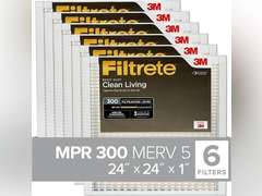 Filtrete 24x24x1 Air Filter, MPR 300, MERV 5, Clean Living Basic Dust 3-Month Pleated 1-Inch Air Filters, 6 Filters 40