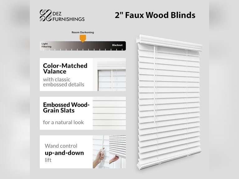 DEZ FURNISHINGS Cordless 2" Faux Wood Blind, 30.25" W x 72" H, White 52