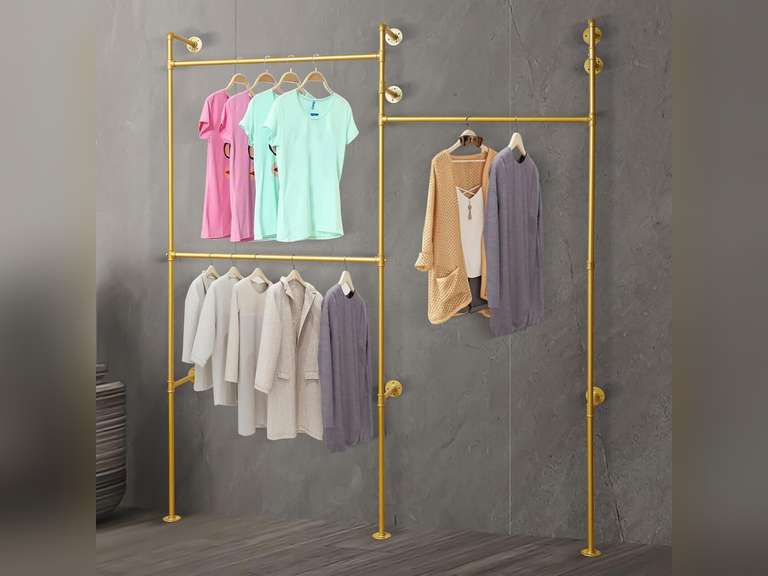 Floor Stand Garment Rack,3 Shelves Clothes Organizer,Wall Mount Clothes Display Holder 74.01" Iron Closet Storage (Gold) 98