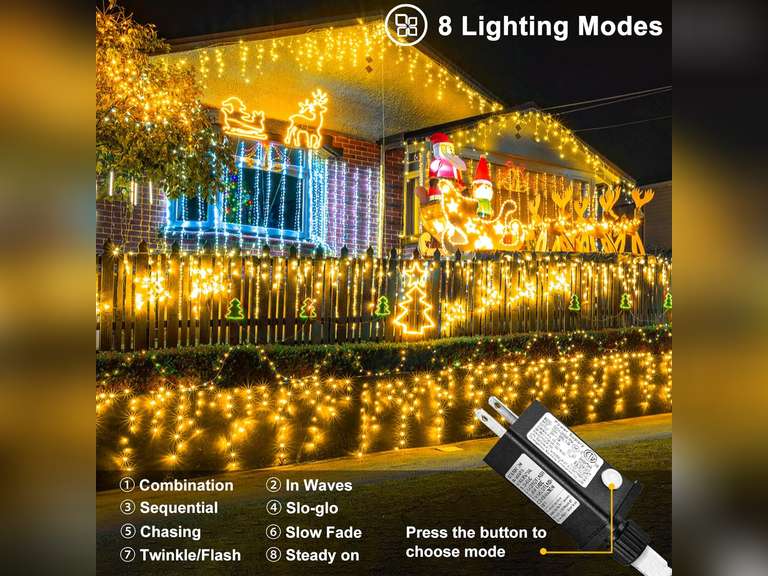 (UNKNOWN LENGTH) Warm White Christmas Lights Outdoor, 66ft 640 LED Icicle Lights for Outside House with Connectable Clear Wire 8 Modes Timer, Plug in Waterproof for Home Holiday Eaves Yard Party Room Indoor Decoration 30