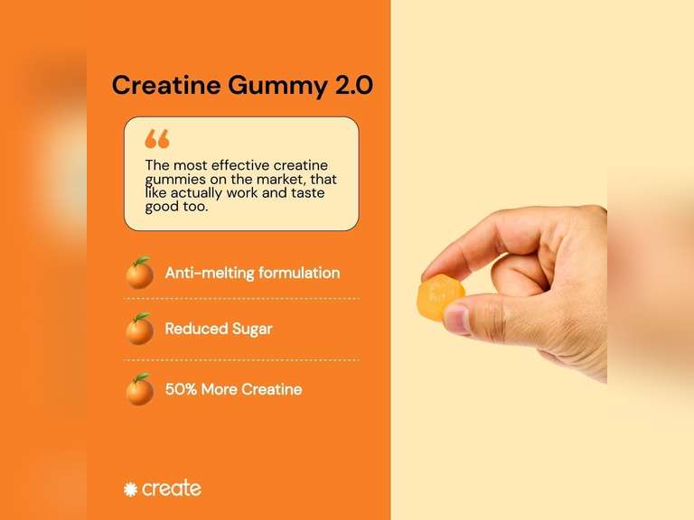Create Creatine Monohydrate Gummies for Men & Women, Boost Focus, Strength, and Endurance, Anti-Melting Formula, Vegan, Gluten-Free, Non-GMO, 1.5g of Creatine per Gummy (Orange, 90 ct) 50