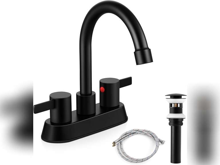 Herogo 2-Handle Centerset Bathroom Faucet Matte Black, Stainless Steel Vanity Sink Faucet 2-3 Hole with Drain Assembly, 360 Swivel Spout and Supply Hose for Farmhouse RV 24