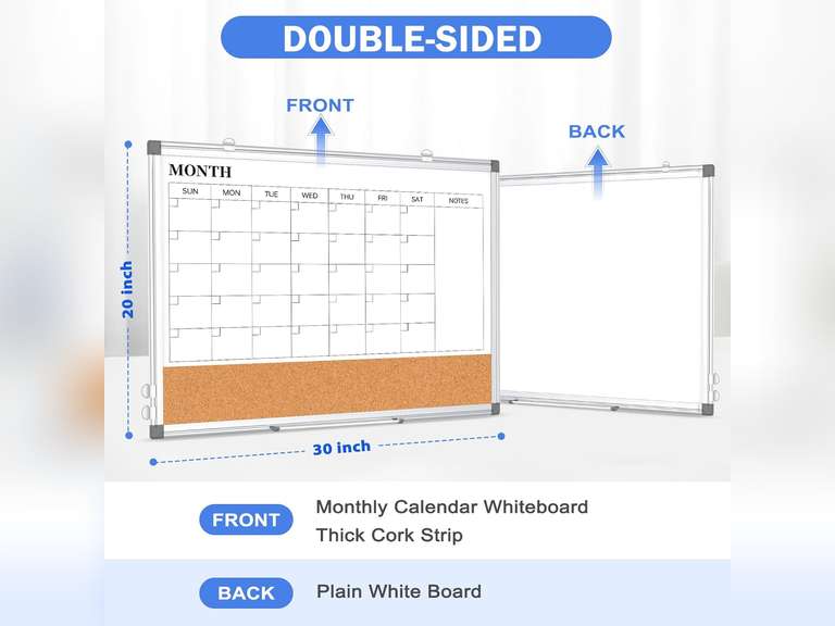 Monthly Calendar Whiteboard Dry Erase Cork Board Combo for Wall, 30" x 20" Magnetic Double-Sided Calendar White Board and Bulletin Board, Portable Board for Office, Kitchen, School, Home, Dorm 47
