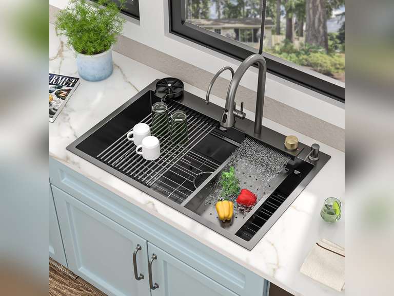 33"x22" Drop In Waterfall Kitchen Sink - 16 Gauge 304 Stainless Steel Gunmetal Black NANO-PVD Multifunctional Single Bowl Smart Workstation Waterfall Sink with Faucet Combo, Glass Rinser 400