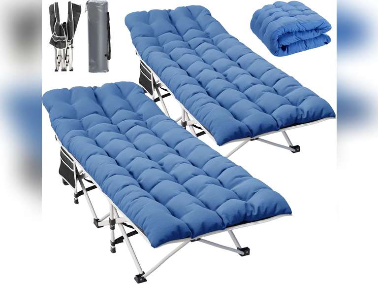 YITAHOME 2 Pcs Camping Cots w/Mattress Portable Louge Chair Outdoor Folding Cot Heavy Duty 575 LB Capacity 1200D Oxford w/Carry Bag Travel Camp Bed for Camping, Office, Traveling, Navy Blue 160