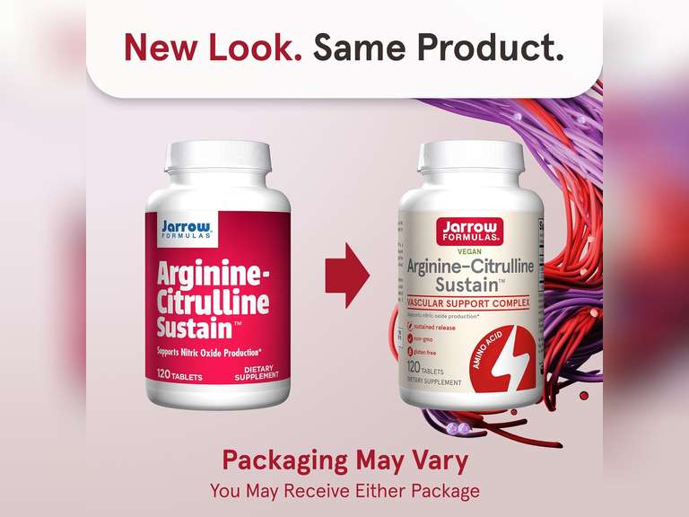 Jarrow Formulas Arginine-Citrulline Sustain , Dietary Supplement, Vascular Support Complex for Nitric Oxide Production and Cardiovascular Health, 120 Tablets, 60 Day Supply, exp 06/27 23
