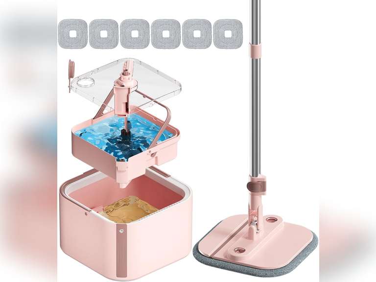 KZKR Square Spin Mop and Bucket Set with Self Separation Dirty and Clean Water System,Self Wringing 360 Rotating Mops Head for Home Floors Cleaning (2.0 mop Bucket Set with 6 Pads) 65