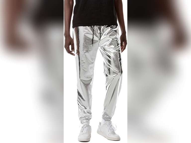 ZEROYAA Mens Metallic Shiny Sweatpants Disco Party Elastic Trousers Size L 30