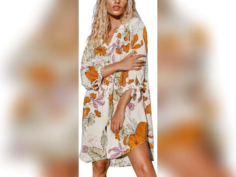 CUPSHE Women Mini Summer Dress Cover Up Oversize Floral Shirt 3/4 Sleeve Cuff Tie Button Down Beach Dresses Cover Up Top, S 38