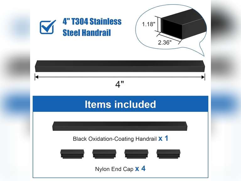 CKE 4FT Stainless Steel Black Rectangular Handrail for Indoor Outdoor Deck Stair, Flat Top Rail Cable Railing System with Nylon End Caps, Durable and Stylish Handrail for DIY Balustrade HT02 60
