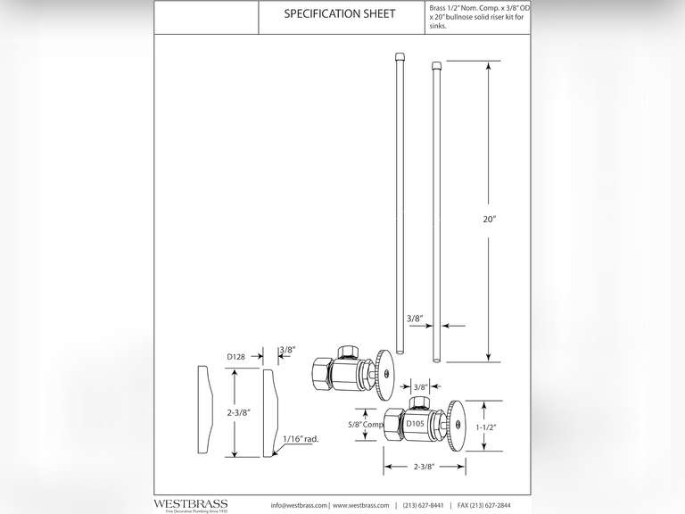 Westbrass A105KBN-62 5/8" x 3/8" OD x 20" Bullnose Riser Line Kit with Round Handle Angle Supply Shut Off Valve for Faucet, Matte Black 90