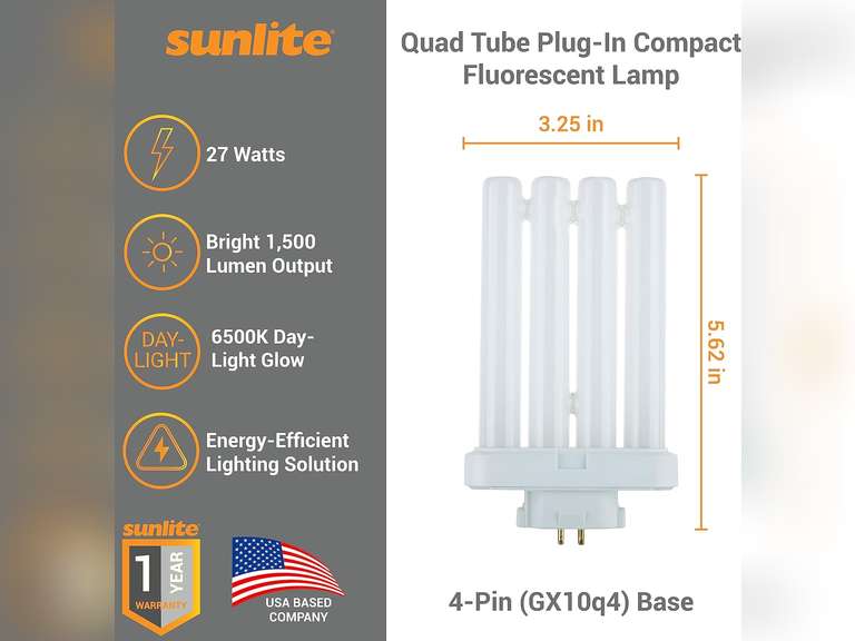 Sunlite 40531 FML27/65K/2PK Quad Tube Plug-in Compact Fluorescent Lamp, FML 4-Pin, 27 Watts, 1500 Lumens, 6500K Daylight, 4-Pin (GX10q4) Base, 120 Volts, 2 Pack 14