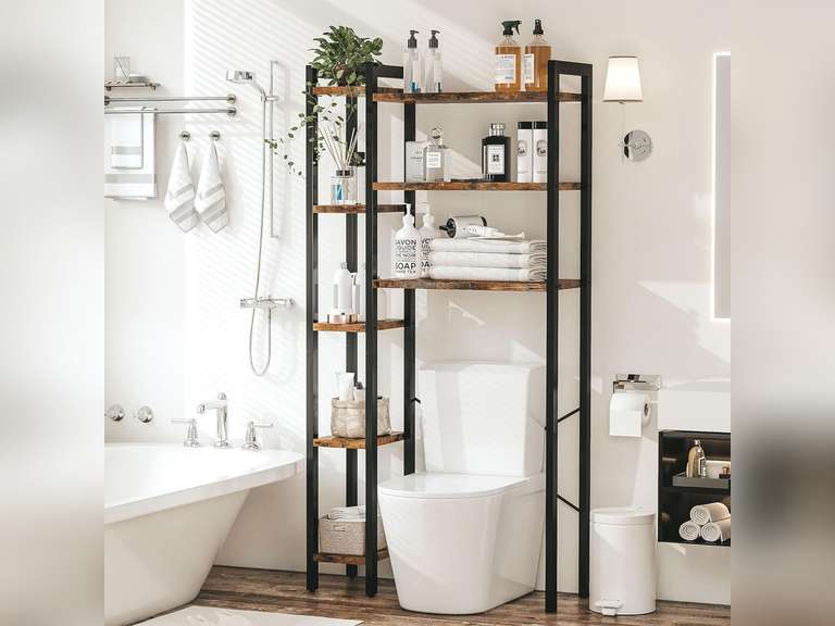 (SIMILAR MODEL) IRONCK Over The Toilet Storage with 8-Titer Shelf, Mass-Storage Side Storage Open Rack, Freestanding Bathroom Organizer Space Saver, for Bathroom, Restroom, Laundry, Vintage Brown 90