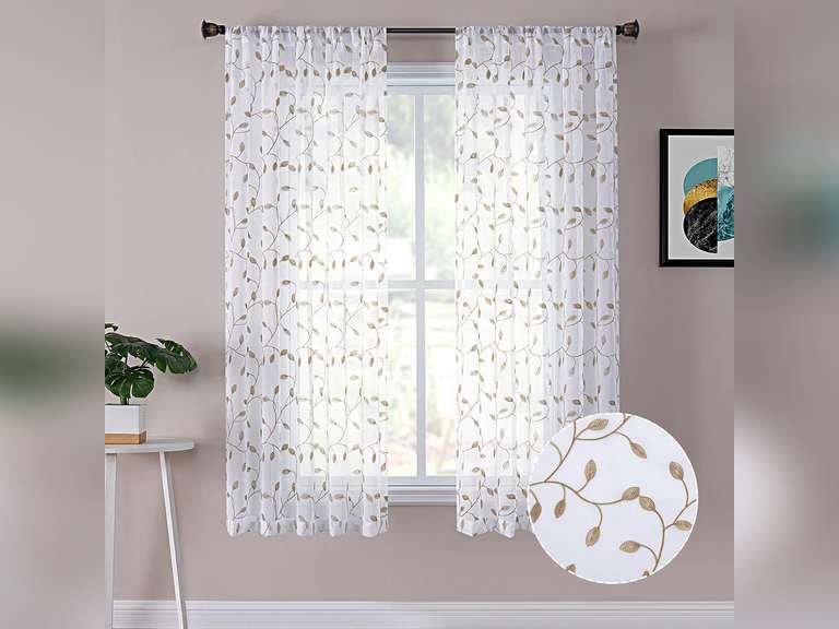 Tollpiz Leaves Short Sheer Curtains Taupe Leaf Embroidery Bedroom Curtain Rod Pocket Voile Faux Linen Embroidered Leaves Curtains for Living Room, 54 x 45 inches Long, Set of 2 Panels 20