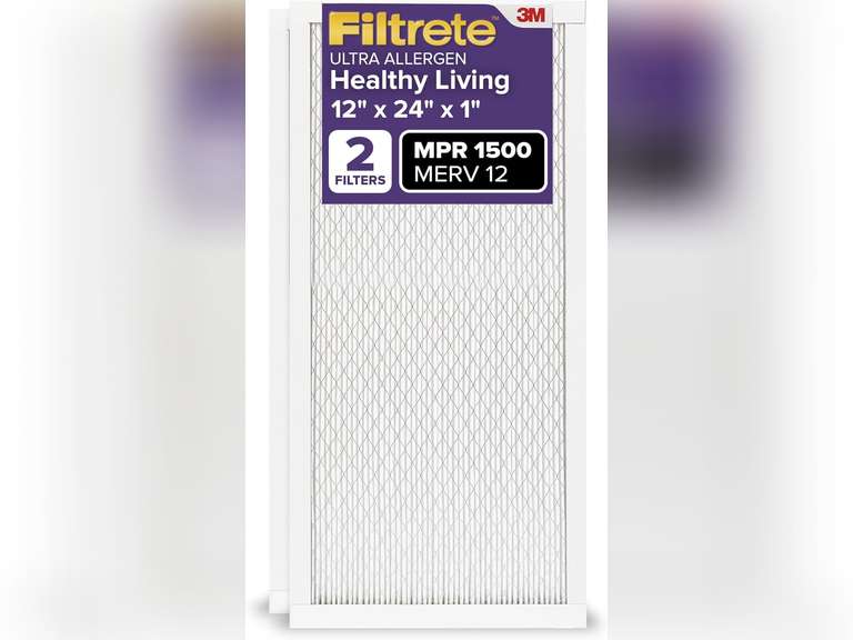 Filtrete 12x24x1 AC Furnace Air Filter, MERV 12, MPR 1500, CERTIFIED asthma & allergy friendly, 3 Month Pleated 1-Inch Electrostatic Air Cleaning Filter, 2-Pack (Actual Size 11.69x23.69x0.78 in) 29