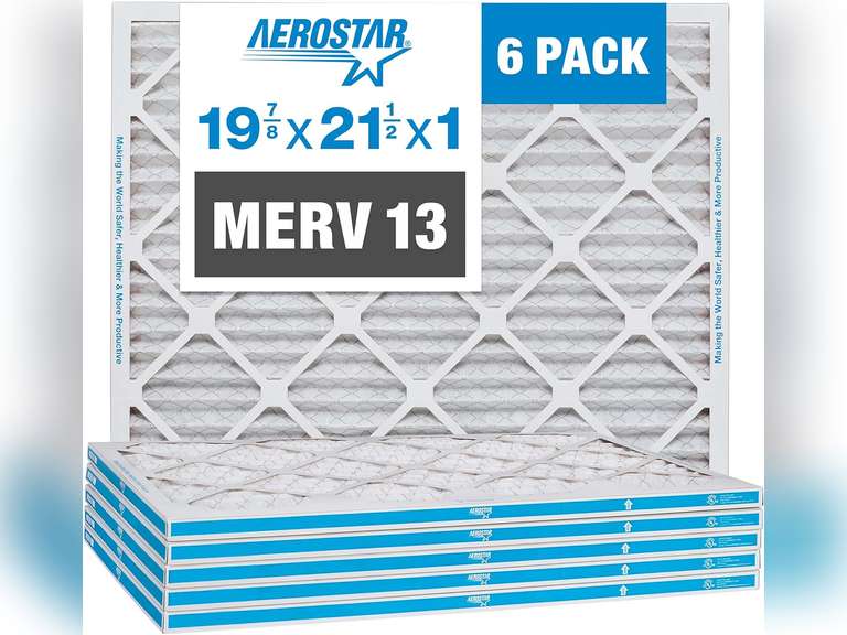 Aerostar 19.875x21.5x1 MERV 13 - 6 Count - Pleated HVAC, Furnace & Air Conditioner Filters - For Bacteria, Dust, Cold & Flu Germs, Lint, Mold, Pet Dander, Allergy-Causing Pollen, Smog, Smoke & Viruses 49
