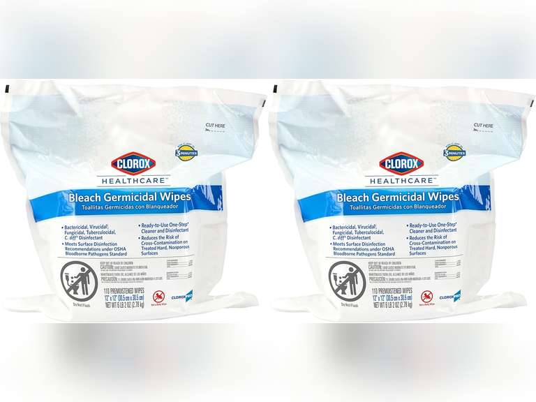 Clorox Healthcare Bleach Germicidal Wipes, 12" x 12", Refill for Bucket, 110 Count Pouch (Package May Vary) 64