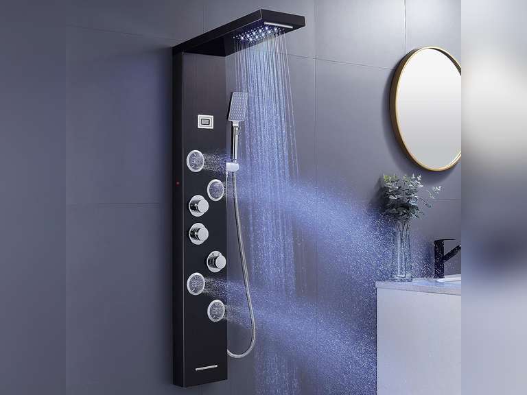 MENATT LED Shower Panels Tower System, SUS304 Stainless Steel Bathroom Shower Panel System with 4 Body Jets, Rainfall, Waterfall, Handheld Shower, Tub Faucet (Black) 210