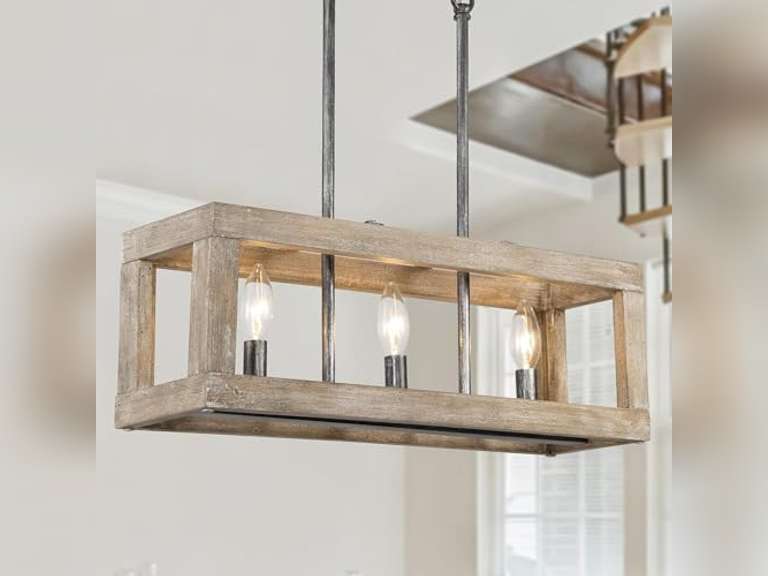 Wood Chandelier, 3 Light Farmhouse Chandelier Light Fixtures, Rectangle Island Lighting for Kitchen Dining Room 206