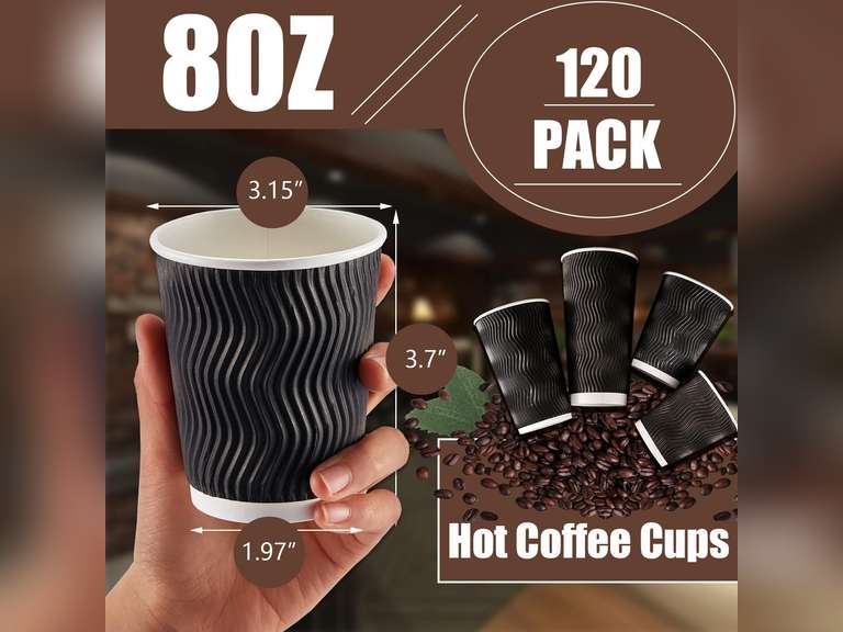 Lamosi 8 oz Disposable Coffee Cups - 120 Pack, Insulated Corrugated Paper Cups, Kraft Ripple Wall Cups for Hot Beverage or Cold Drinks (Black) packing damage 26
