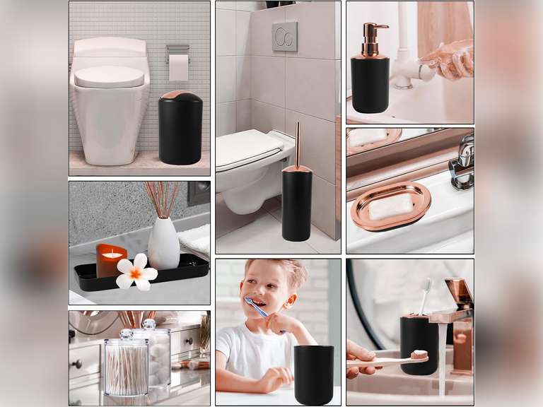 Black Bathroom Accessories Set 9 Piece - Trash Can, Soap Dispenser and Dish, Toilet Brush, Toothbrush Holder, Tumbler, Tray, Cotton Swab Container, Countertop Organizer Decor and Housewarming Gift 40