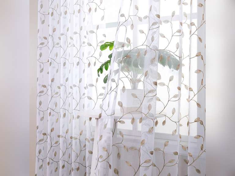 Tollpiz Leaves Short Sheer Curtains Taupe Leaf Embroidery Bedroom Curtain Rod Pocket Voile Faux Linen Embroidered Leaves Curtains for Living Room, 54 x 45 inches Long, Set of 2 Panels 20