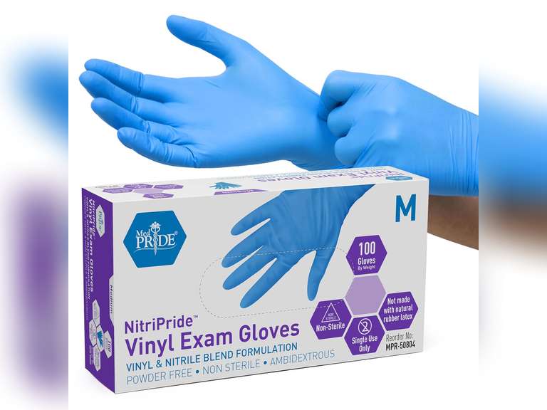MED PRIDE Disposable Multipurpose Hand Protection Nitrile-Vinyl Blend Exam Gloves, Medium 100 - Powder, Latex & Rubber Free - Single Use Non-Sterile Protective Gloves 9