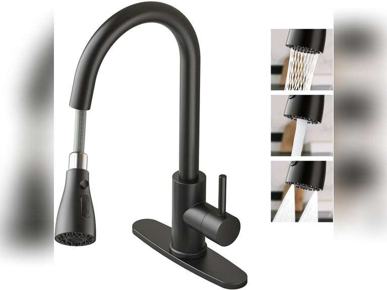 Kitchen Faucet with Pull Down Sprayer Stainless Steel Single Handle Kitchen Faucet Multiple Modes Switch Water,1/3 Hole, Deck Plate Included (Black) 33