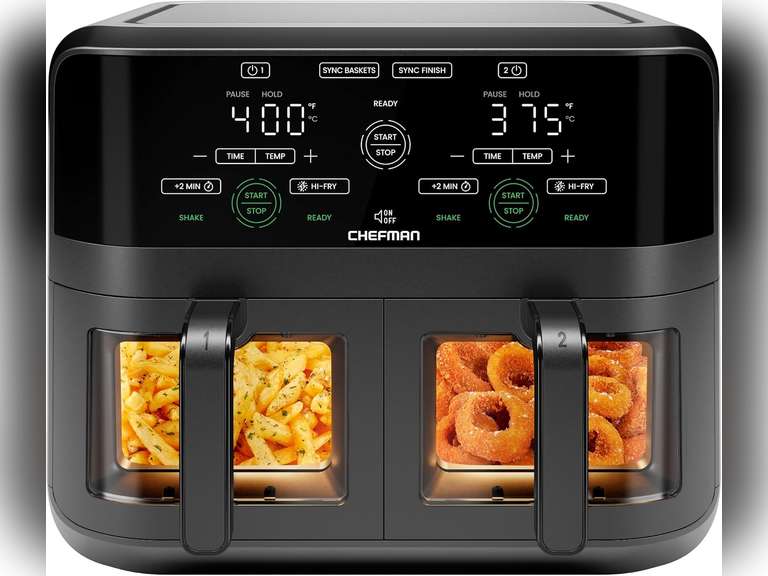 CHEFMAN 6 Quart Dual Basket Air Fryer Oven with Easy View Windows, Sync Finish, Hi-Fry, Auto Shutoff, 2 Independent 3Qt Nonstick Dishwasher Safe Frying Baskets, Digital Double Air Fryer - Black 90
