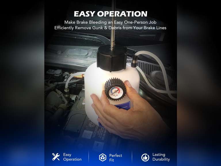Orion Motor Tech Brake Bleeder Kit, One Person 2.5L Brake Fluid Extractor Compatible with Ford VW BMW More, Brake Pressure Bleeder with 2.6qt Bottle Vacuum Gauge Hose Cap Wrench & European Adapter 50