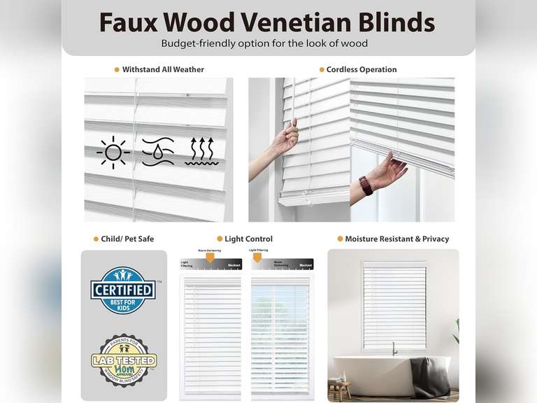 DEZ FURNISHINGS Cordless 2" Signature Faux Wood Blind, 21.75" W x 48" H, Snow White 32